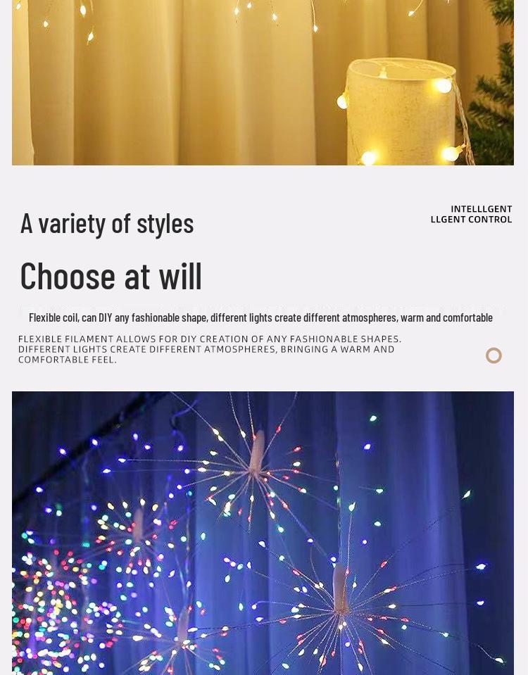 LED Solar Dandelion Firework String Lights - Indoor Outdoor Decorative Explosion Copper Wire Lights