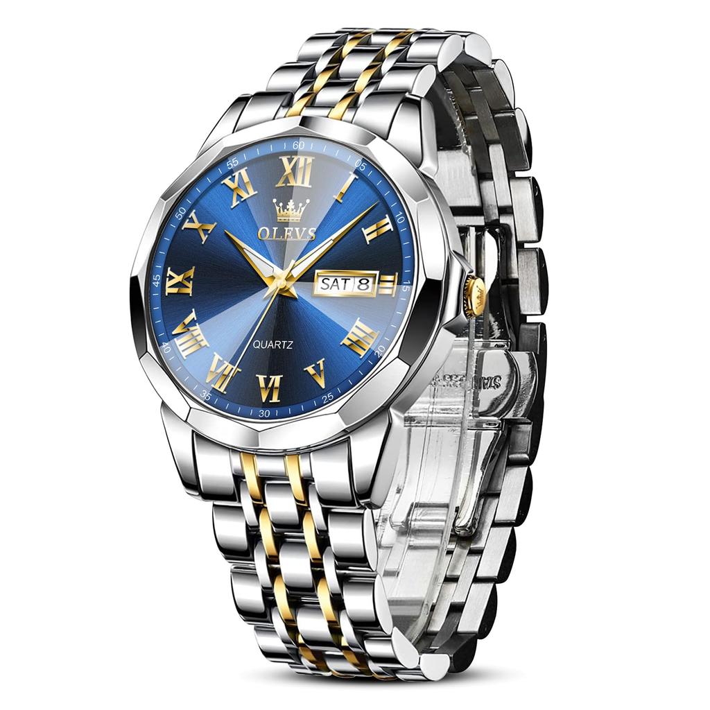 OLEVS Popular Waterproof Analog Quartz Watch with Blue Date Day of the Week Blue Stainless Steel Stylish Luminous Pressure Easy To Formal Wear Men's