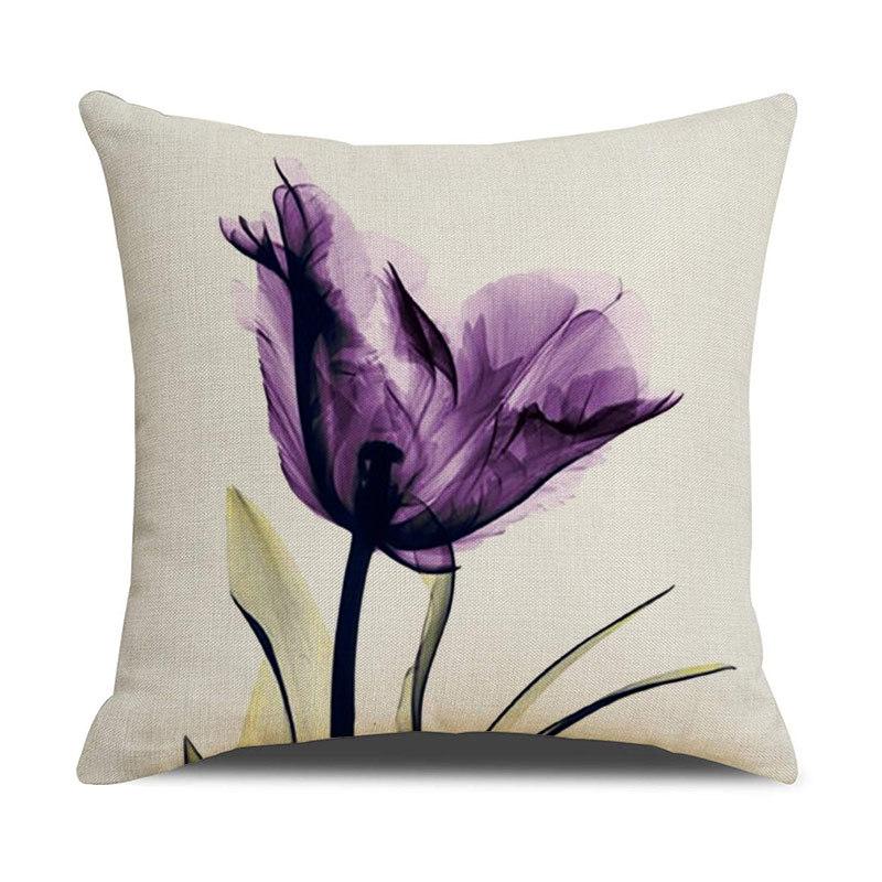 Light Luxury Plant Floral Linen Pillowcase Purple Tulip Digital Print Pillowcase Sofa