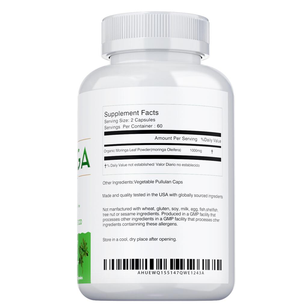 Xemenry Moringa Powder Capsules support energy, skin, and gut health. Suitable for adults, vegan.