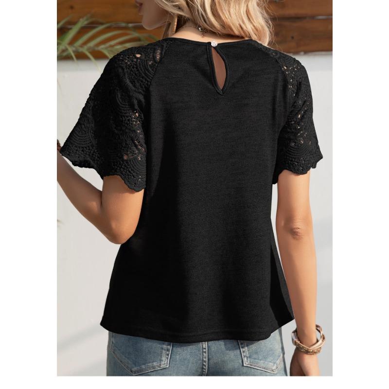 Summer Women T-shirt Fashion Round Neck Lace Short Sleeve Top