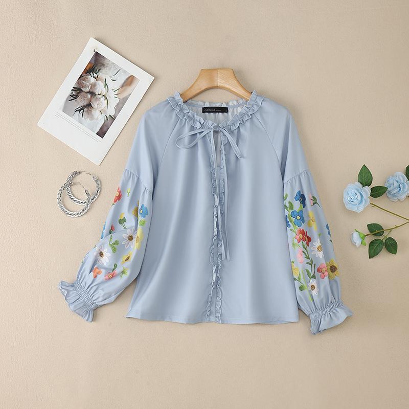 

ZANZEA Женская повседневная блузка с круглым вырезом, цветочной вставкой и длинными рукавами 5XL синий