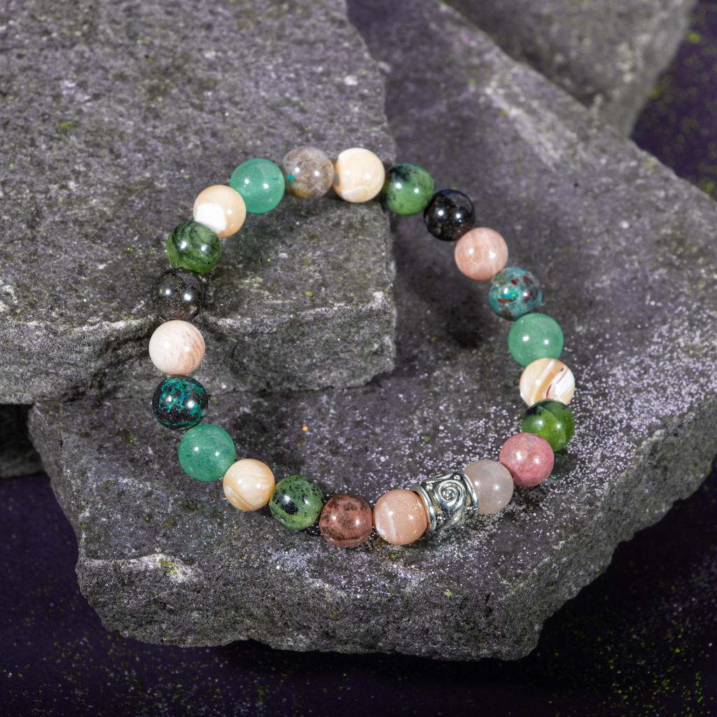 Bransoletka Taurus Kamień słoneczny, chryzokola, obsydian, rodonit, masa perłowa, zielony awenturyn, jadeit
