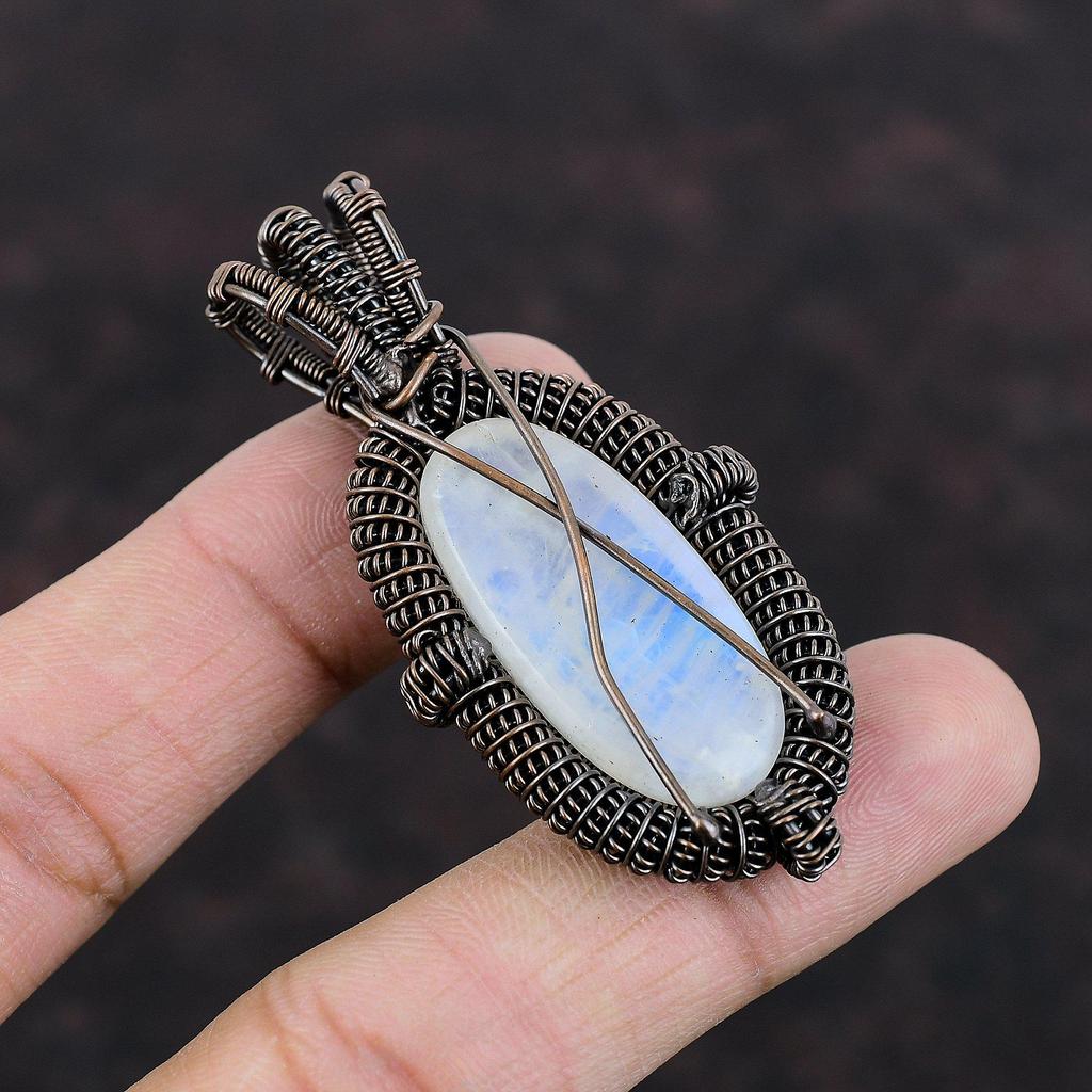 Colgante de piedra lunar arcoíris envuelto en alambre de cobre, joyería de piedras preciosas de alta calidad, colgante hecho a mano, increíble colgante de joyería de cobre para regalo