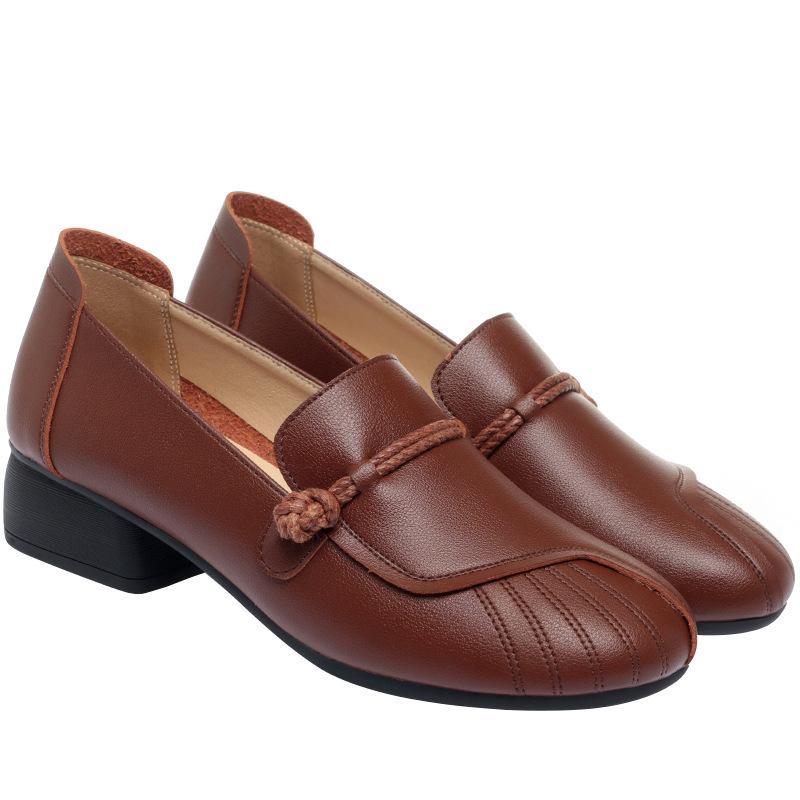 Mode Kvinnor Mjukt Läder Mellanhöga Klackar Skor 2024 Höst Nya Halkfria Mamma-skor Bekväma Vardagliga Mjuka Bottnar Loafers Grace Enkla
