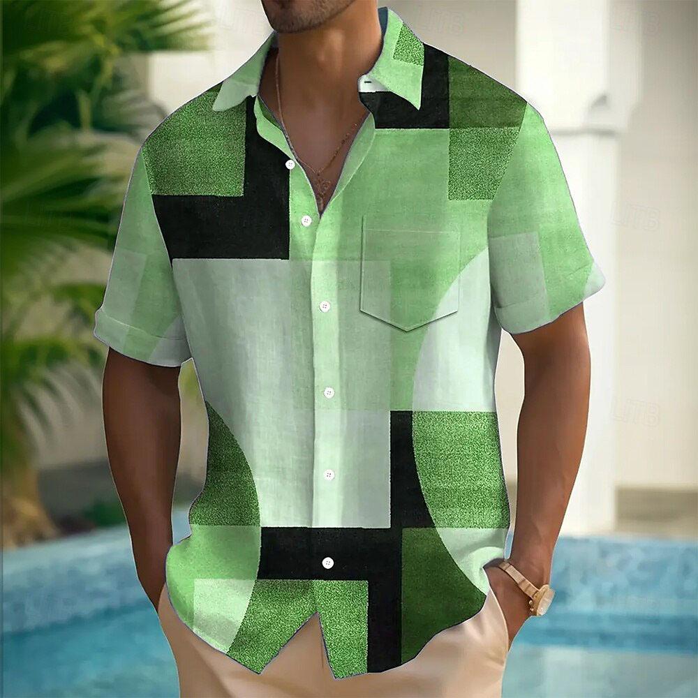 Herren Geometrisches Color Block Patchwork Hemd Knopfhemd Kurzärmelig Mode Lässig Sommer Kragen 3D-Druck mit Tasche Hemd