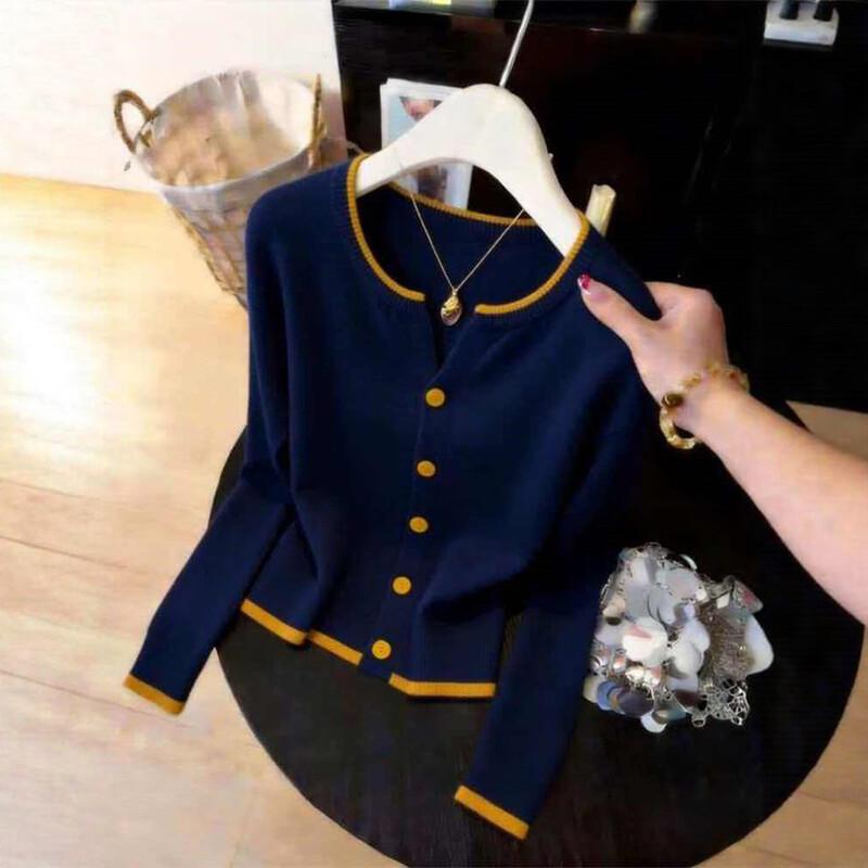 Zose Navy & Yellow Trim Contrast Knit Cardigan