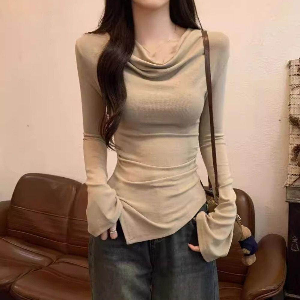 Irregular Slanted Shoulder Pullover Slim Fit T Shirts Women Y2k Fashion Long Sleeve T-shirt Spring
