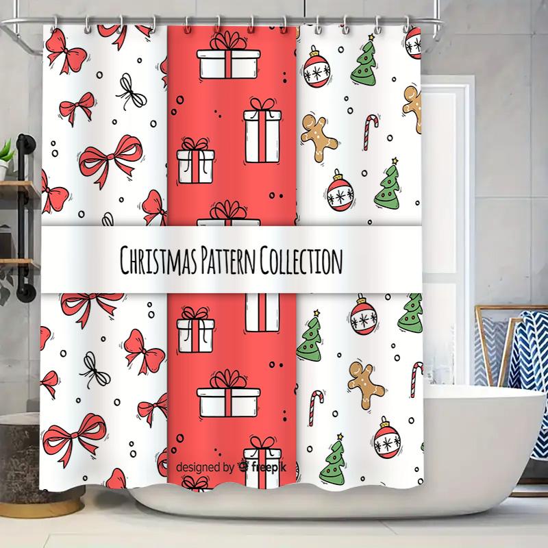 

Christmas Decor Shower Curtain Festive Pattern Collection For Bathroom Decoration Red White Colorful Design Made With Durable Wa W60H190(CM)-1 Pcs