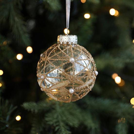 Christmas Ball Ornament Faux Pearl Glittery Tree Decoration Festive Hanging Baubles with Rope Party Decor