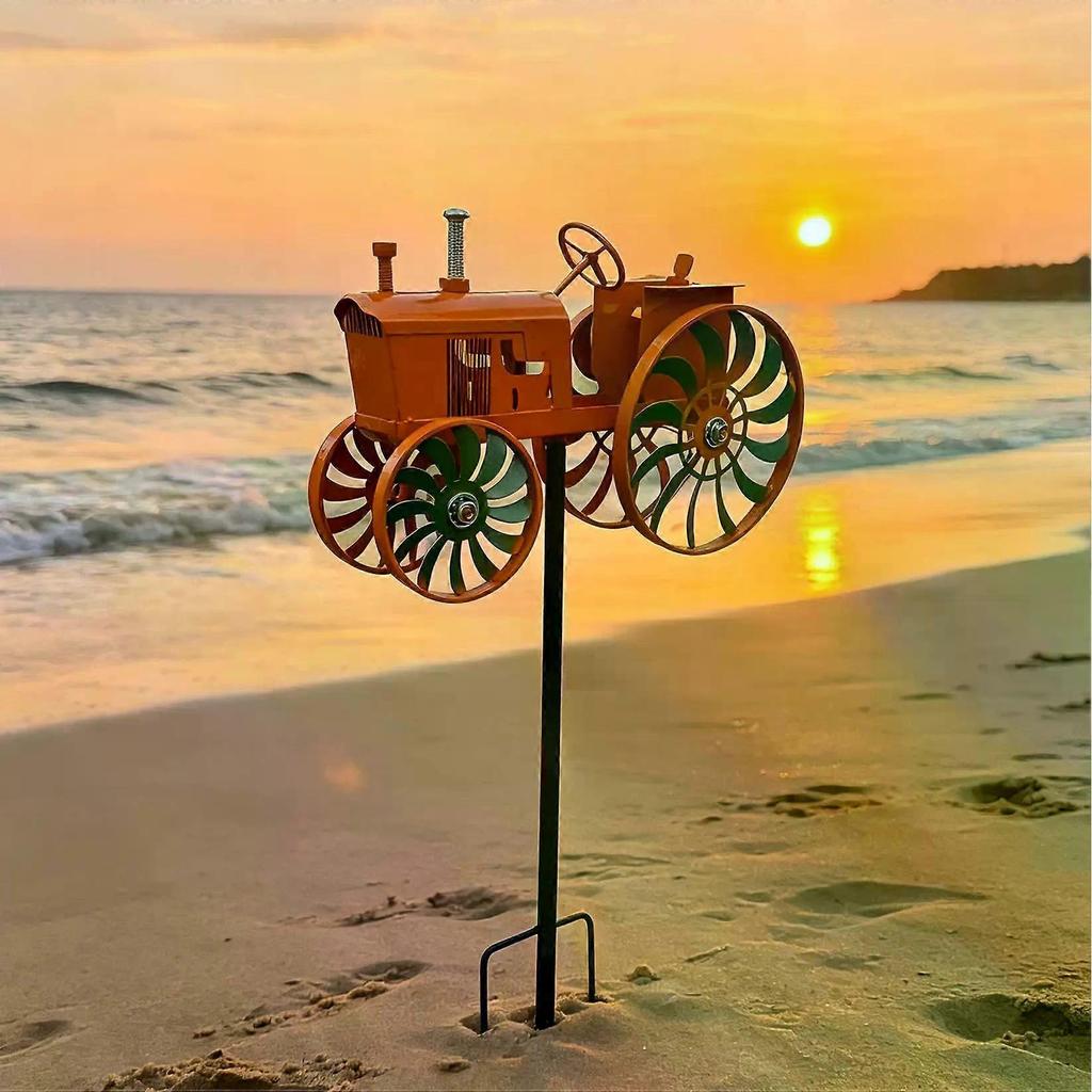 Garden Wind Spinner, Tractor Windmill Stake with Rotating Wheels for Patio Yard Garden, Unique Outdoor Sculptures Ornament Gift for Friends Family