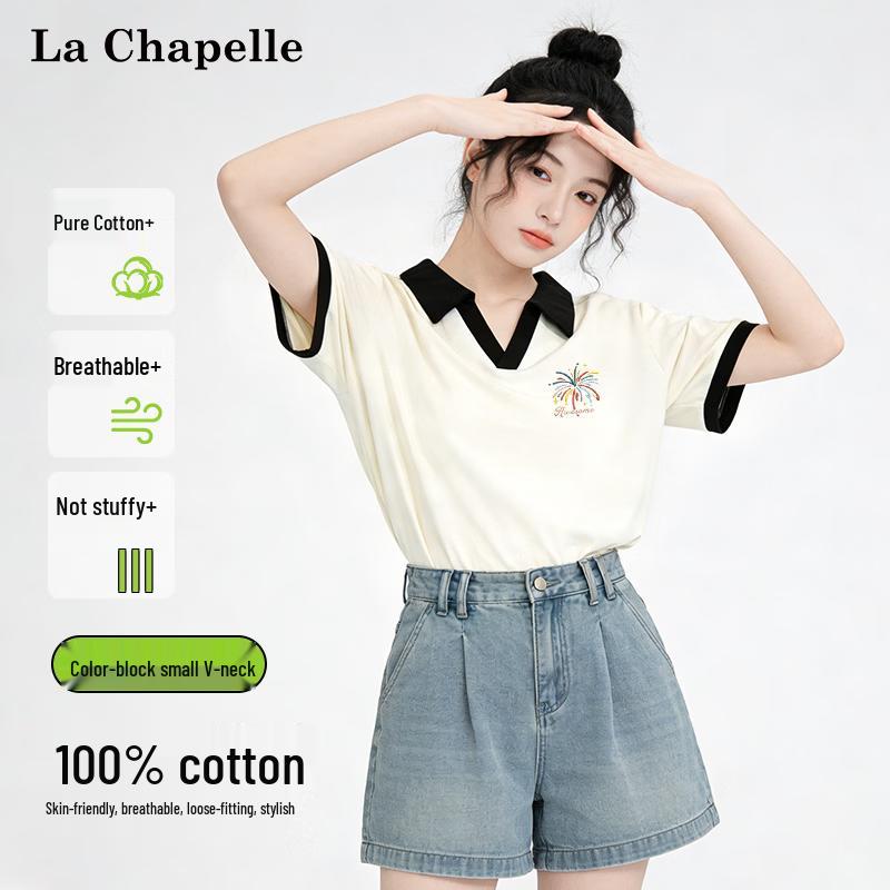

La Chapelle Women s Color Block Lapel Cotton T-shirt S