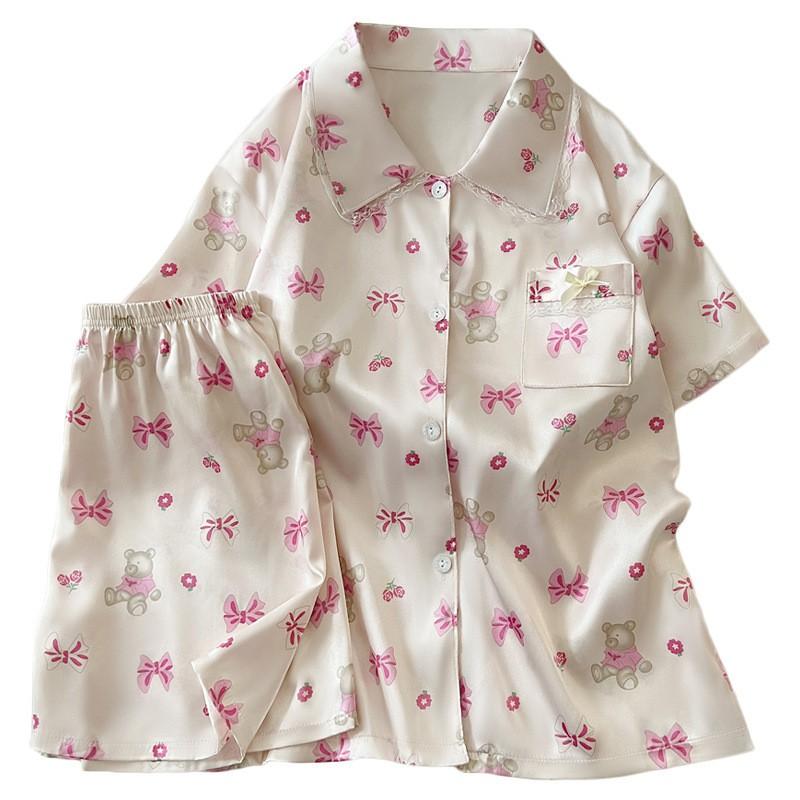 Sweet Bear Korean Style Ice Silk Pajama Set Women Cute Long Sleeve Loungewear