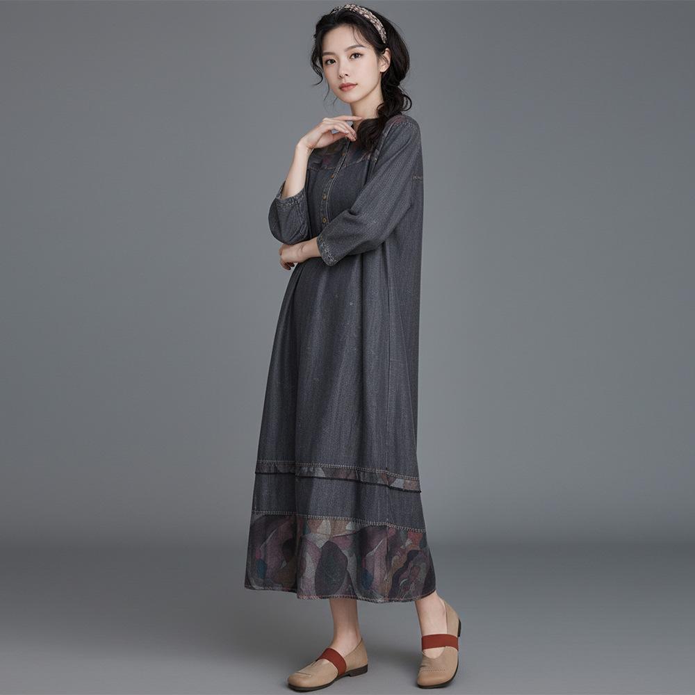Johnature Women Vintage Dress Spring O-Neck Long Sleeve Robes Patchwork Print Floral Loose Dresses