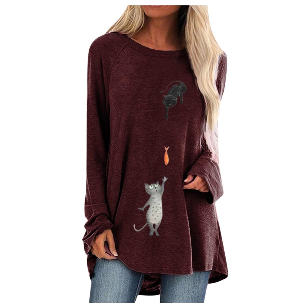 Women Fashion Plus Size Print Round Neck Long Sleeved Long T-shirt Blouse
