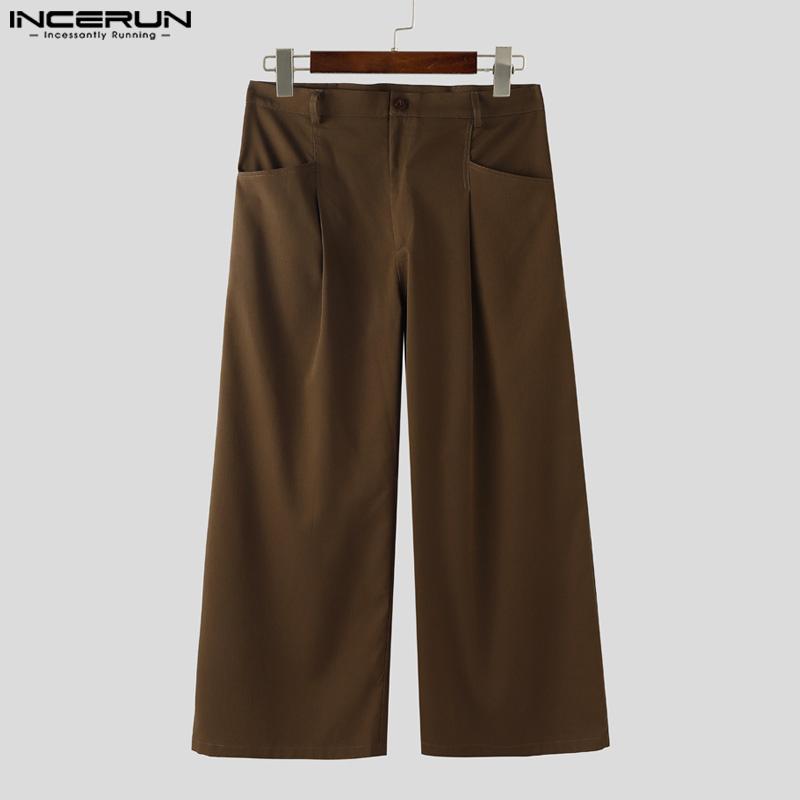 INCERUN Men Zip-up Waist Pockets Casual Loose Long Wide Legs Pants Trousers