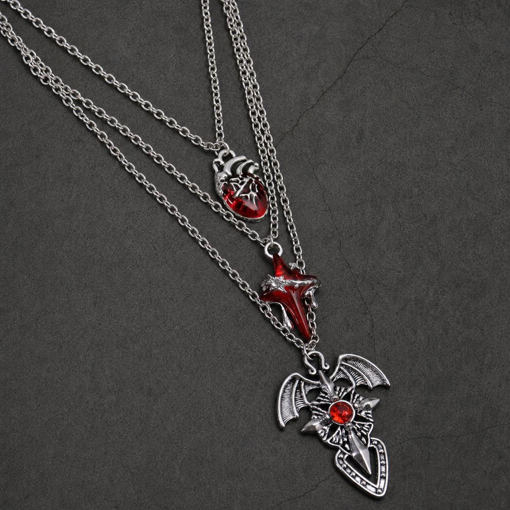 European/American Gothic Style Unisex Necklace with Three-Chain Clavicle, Red Heart, Blood-Colored Cross, and Devil Wings Pendant