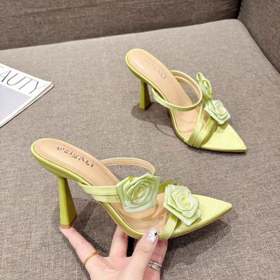 Xibeilove  Summer New Women's Slippers Sexy Pointed Satin Flower High Heels Slippers Large Size Banquet Wedding Shoes