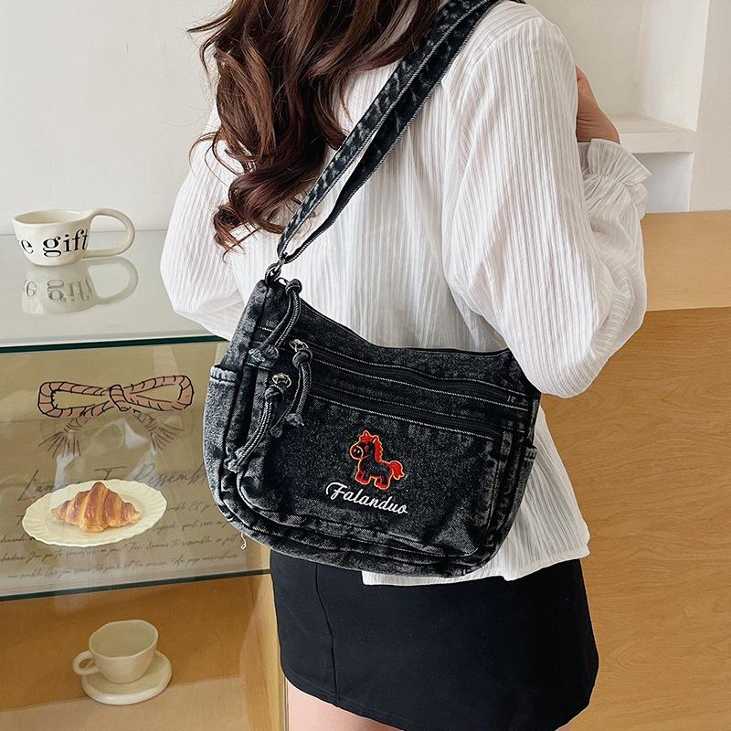 Cute Horse Embroidered Denim Crossbody Bag Multi Pocket Casual Shoulder Bag for Women