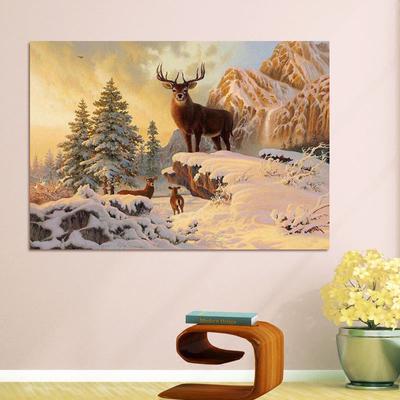 Adesivi murali fatti a mano a punto croce con pittura a diamante rotondo completo, ricamo con cervo in neve sulla montagna