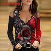 Spring V Neck T Shirt With Lace And Flower Print For Elegant Office Wear