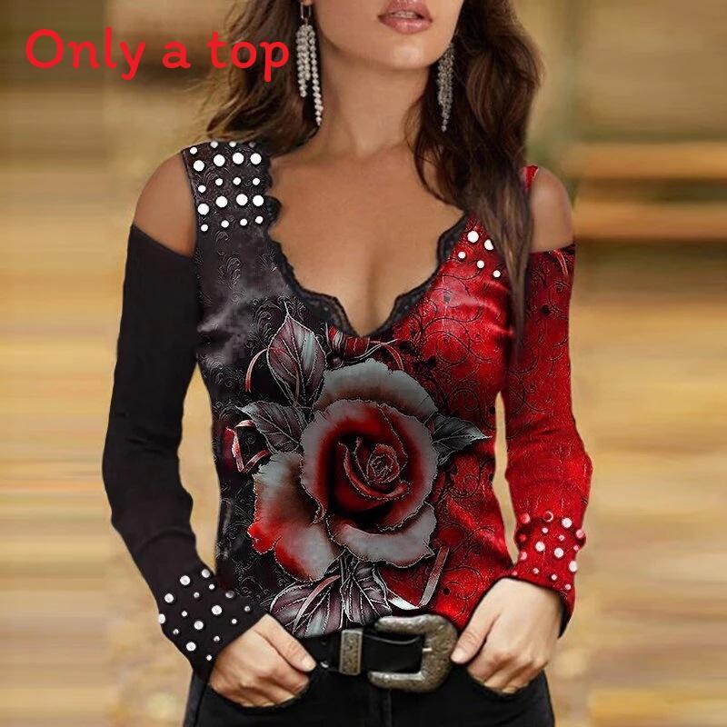 Spring V Neck T Shirt With Lace And Flower Print For Elegant Office Wear
