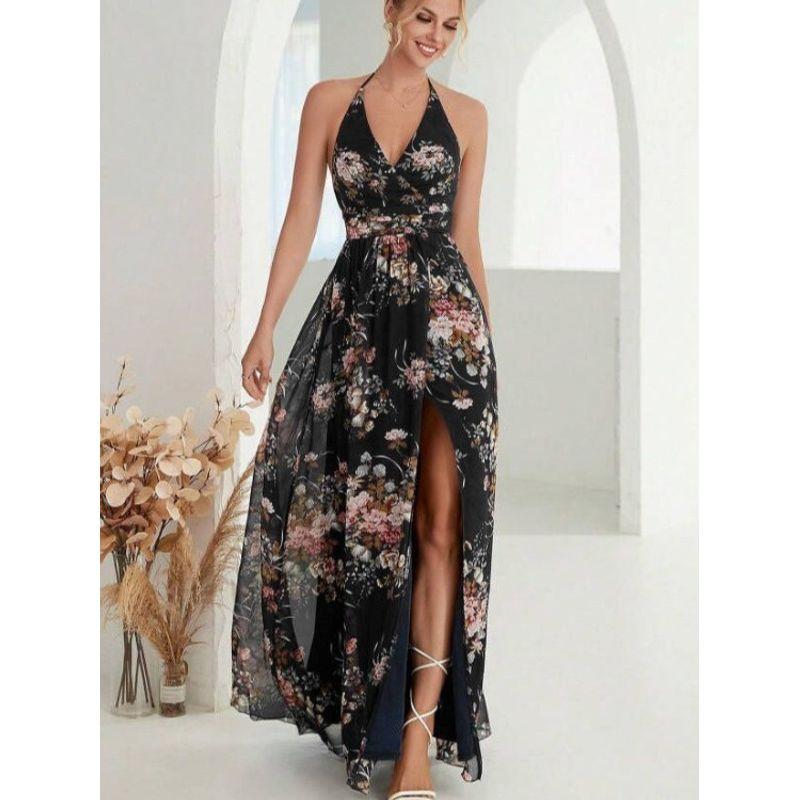 Bohemian New V-neck Print Backless Hanging Neck Lace-up Floral Split Chiffon Dress Vacation Long dress Women