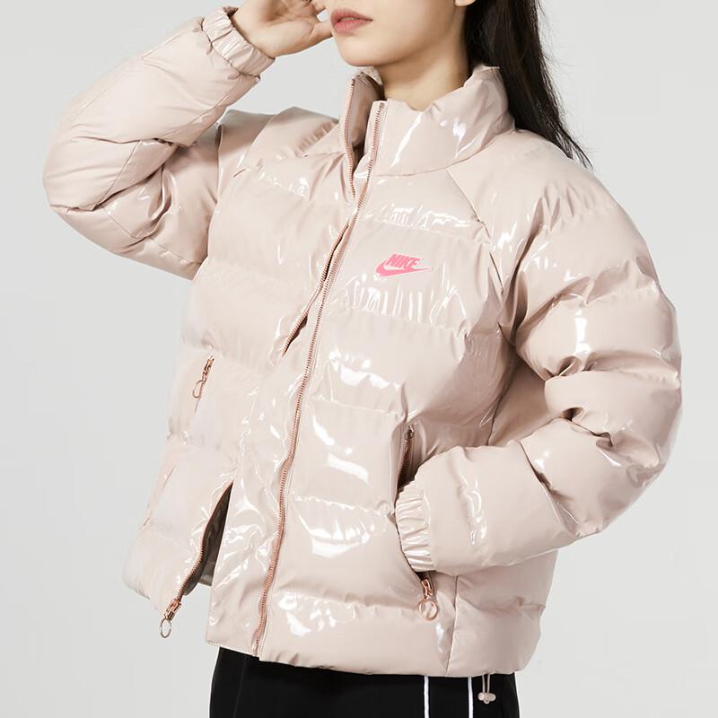 Nike Solid Color Logo Glossy Stand Collar Long Sleeve Cotton Jacket Women Tops Pink FQ3575-601