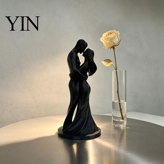 Durable Couple Figurine 3D Printed Black & White Hugging Statue, Minimalist Modern Sculpture with Abstract Embrace Love Form, Romantic Desk Decor for