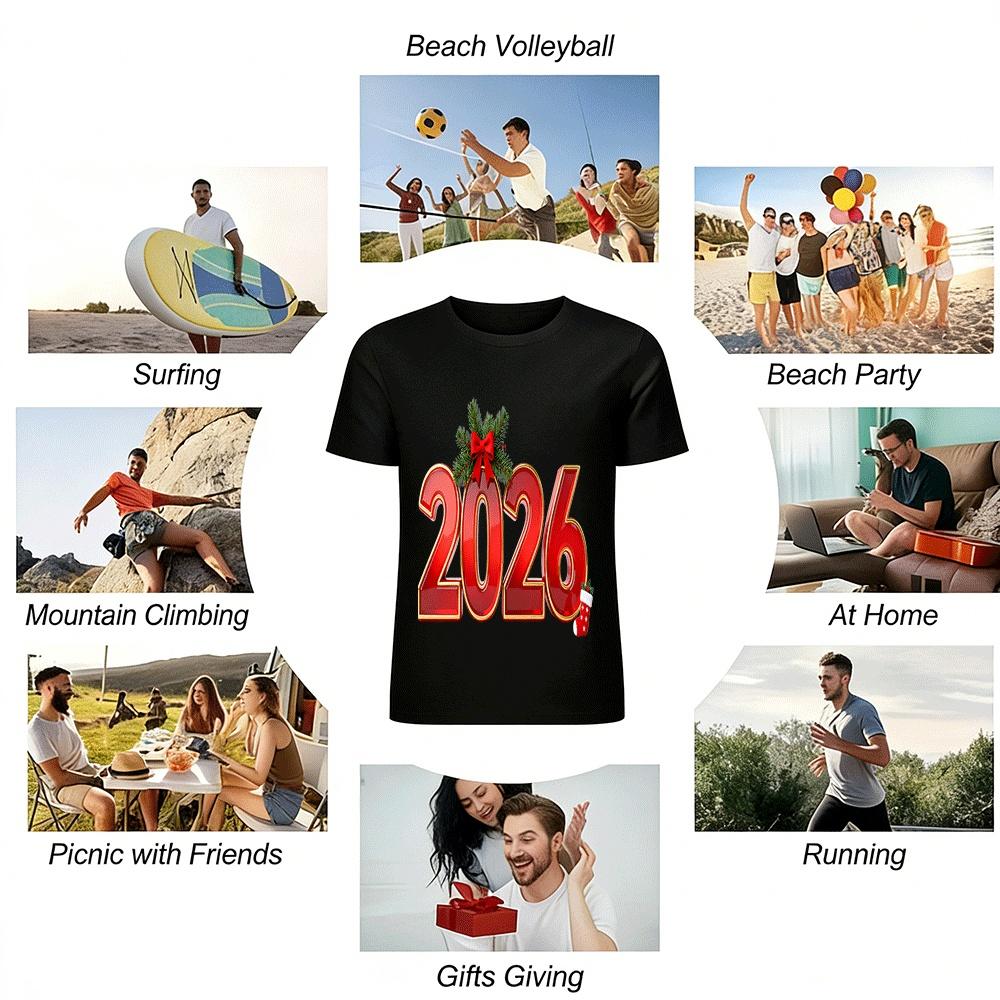2026 New Year Christmas Print Casual Versatile Festival Top Pure Cotton T-shirt