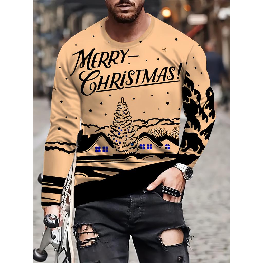 Men's Santa Claus Elk Snowflake Pattern Printed Long Sleeve T-shirt Soft Trendy Versatile Top Merry Christmas