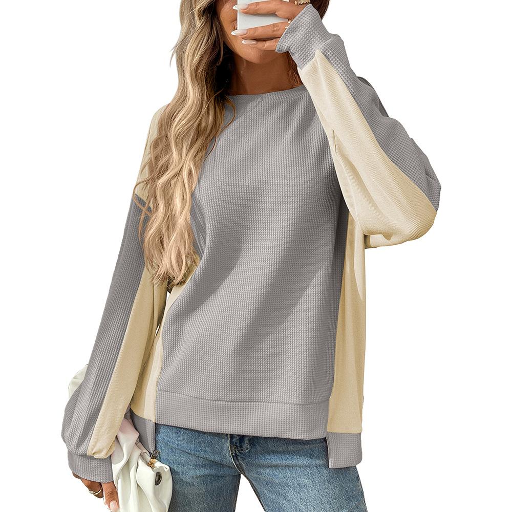 2025 Autumn New Round Neck Casual Loose Contrast Long-sleeved Waffle Top