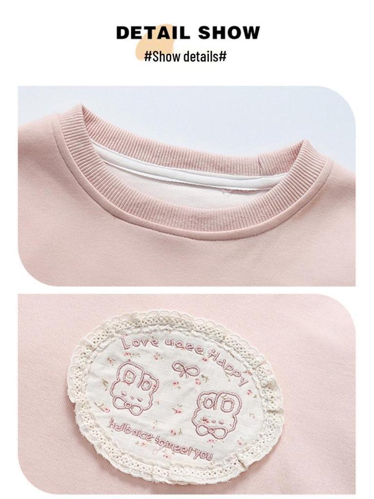 Meng Tang Tang Spring Lace Embroidery Cartoon Hoodie Two-Piece Set for Baby Girls