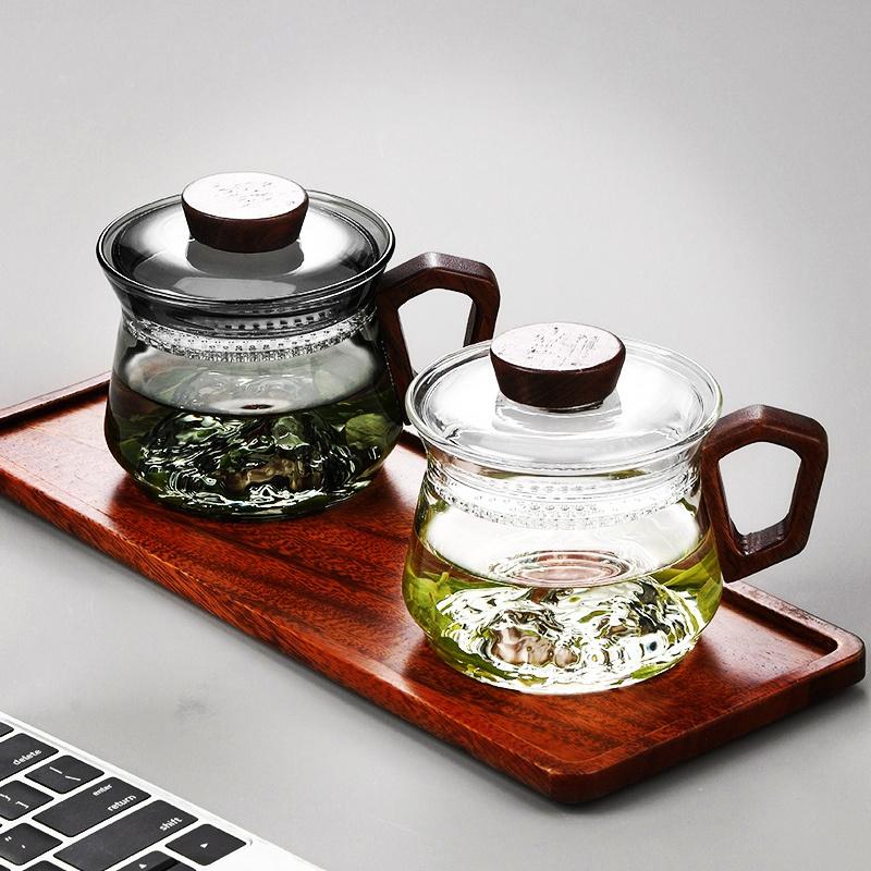230ml Wooden Handle Heated Resistance Glass Tea Cup with Crescent Filter Office Teacup Brewing Puer Oolong Tea Mug