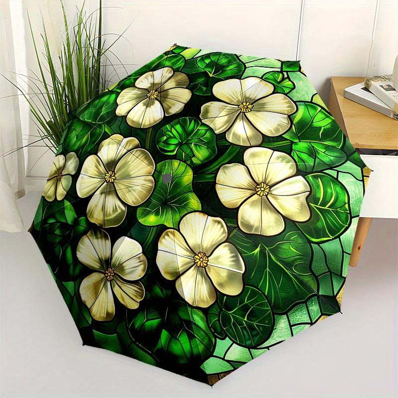 

Stained Glass Window Panel with White Flowers and Green Leaves Decorative Artwork for Home or Garden (Circular) Umbrella, Cute Umbrella with Cute Desi