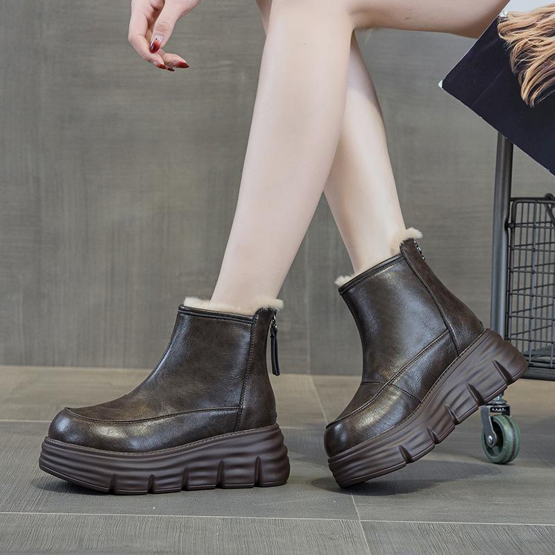 9965 Leather Snow Boots Women's Cotton Shoes Winter Velvet New Retro Short Boots Thick Sole
