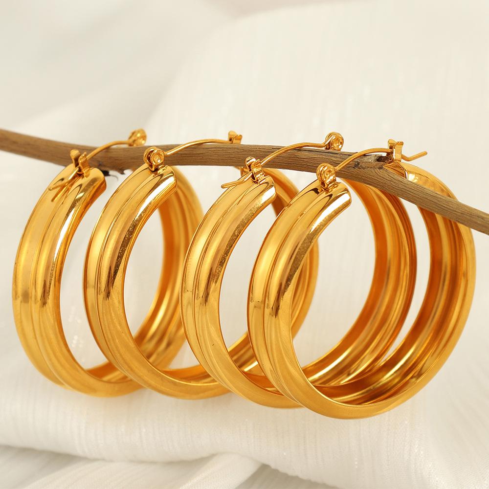 Hong Style Cross-Border Simple U-Shaped Earrings 18K Gold Plating Personalized Striped Big Circle