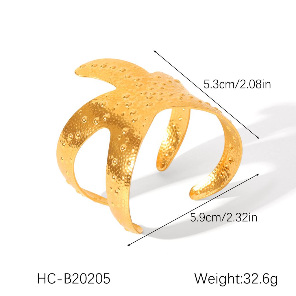 INS Western Style Exaggerated Hand Jewelry 18K Gold Plated Hammered Pattern Stainless Steel Open Bangle