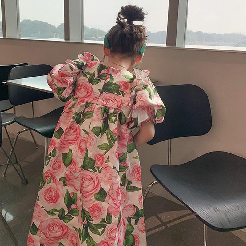 Girl Round Neck Puff Sleeves Dress Sweet Princess Dress