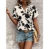 Women Floral Print V Neck Short Sleeve Blouse Casual Notch Collar Rolled Cuff Shirt