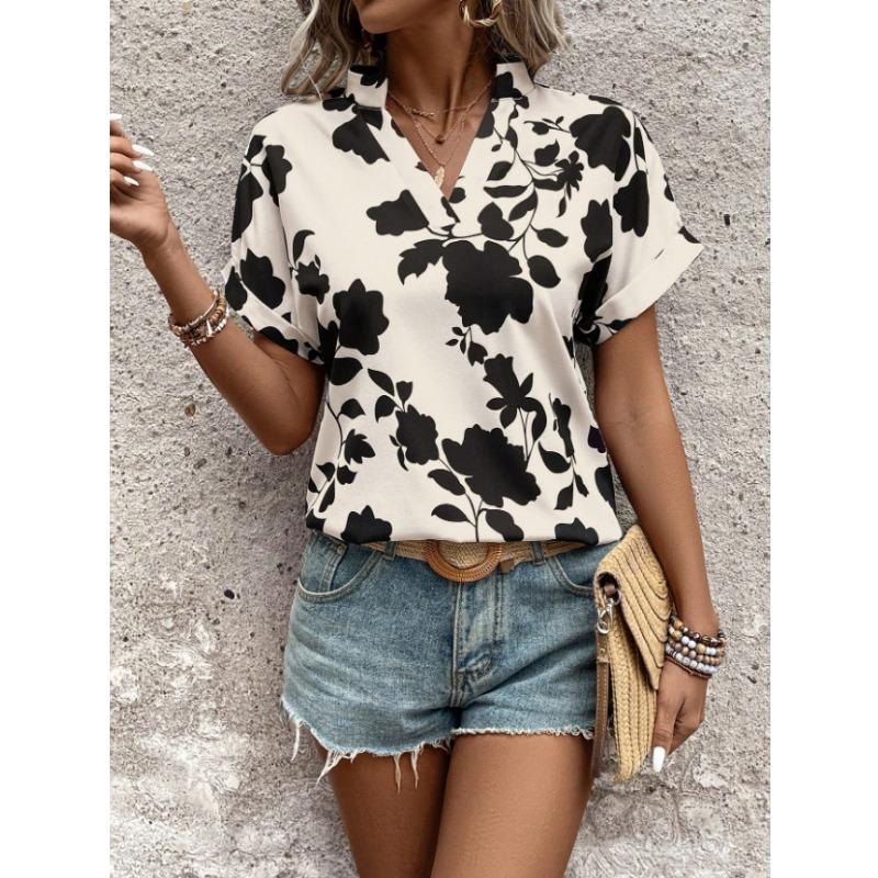 Women Floral Print V Neck Short Sleeve Blouse Casual Notch Collar Rolled Cuff Shirt
