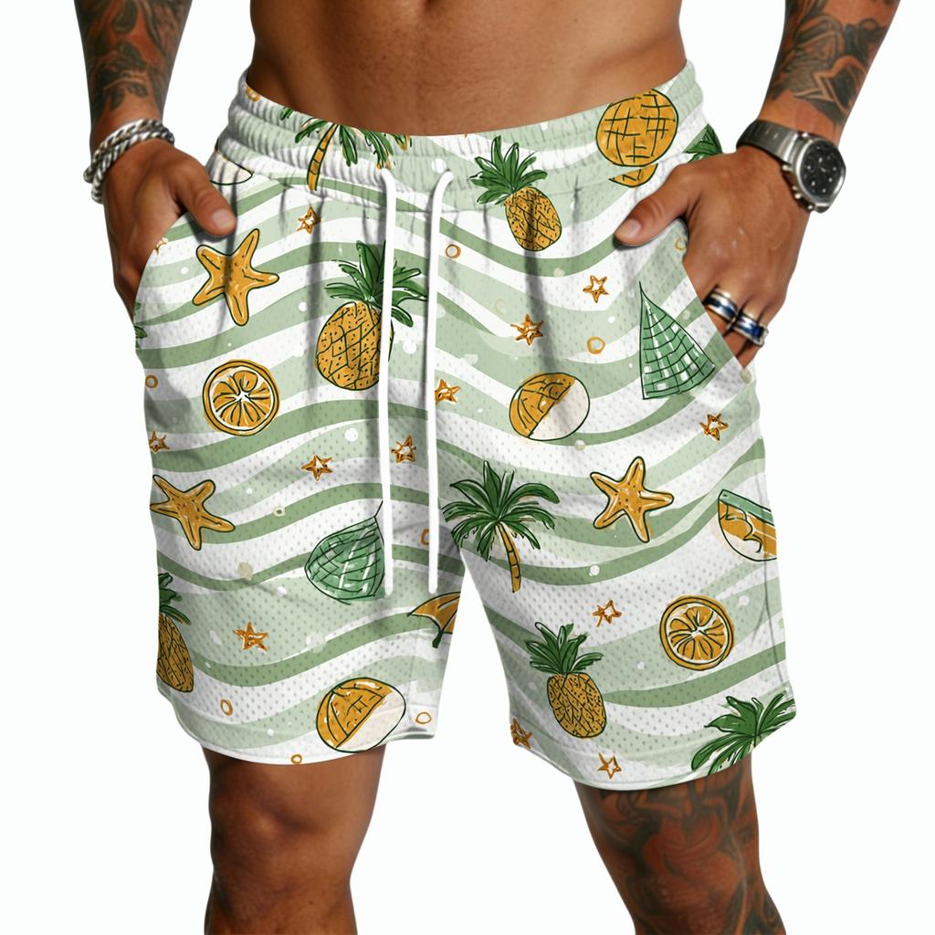 Men's Casual Quick Dry Drawstring Shorts with Hawaiian Print, Lightweight 5-Inch Inseam for Summer