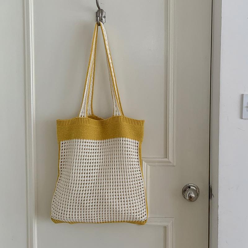 Simple Women's Vacati Beach Shoulder Bag Hollow Knitted Female Travel Tote Handbags Ctrast Color Portable Shopping Bags
