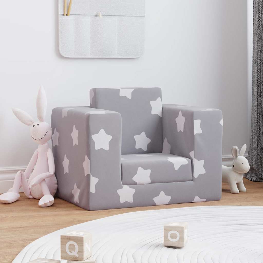 Children's Sofa, Fold-out, Grey with Stars, Soft Plush