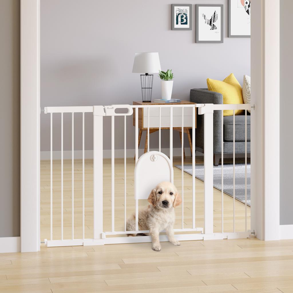 Extendable Dog Gate with Self-Closing Door, Made of Metal and ABS, 75-131x76 Cm, White