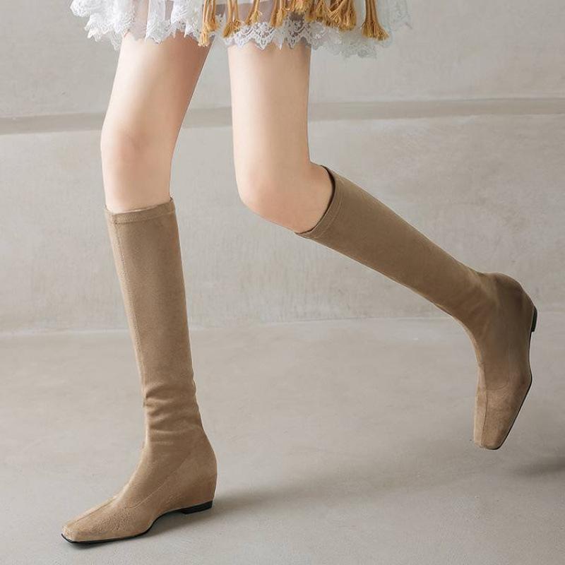 

Нові замшеві ботфорти-стрейч, однотонні, на високому підборі, з круглим носком, універсальні високі чоботи, осінньо-зимові, зручні жіночі шкіряні чоботи 33