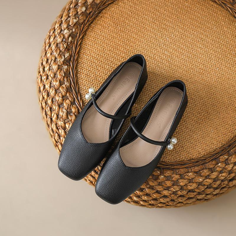 

Square head thick heel Mary Jane shoes soft leather retro light mouth low heel 3cm single shoes women 40 чёрный