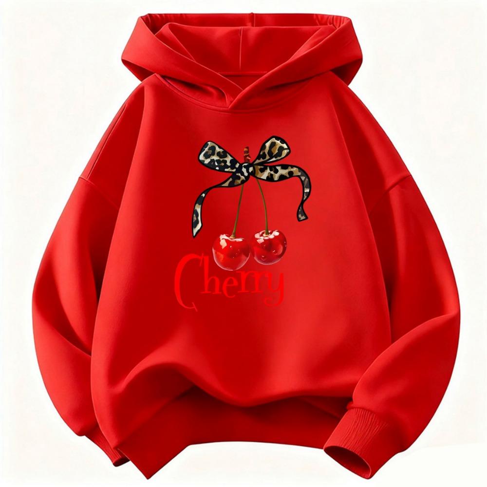 Felpa con Cappuccio Bambina Stampa Ciliegie e Fiocco Leopardo Moda Y2k Ragazze Primavera Casual