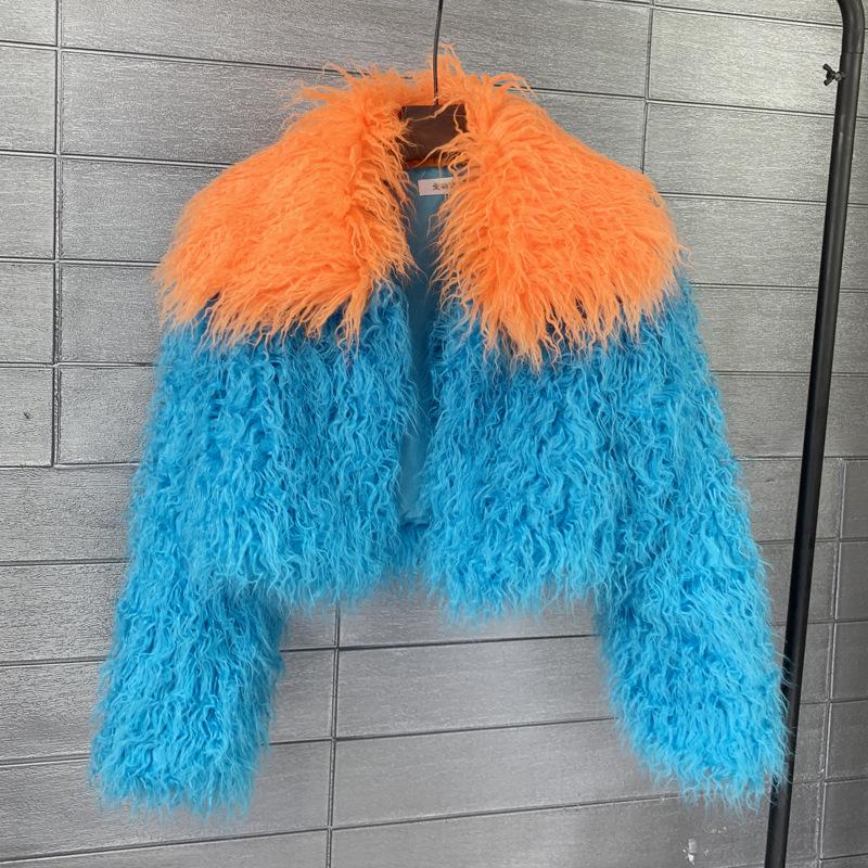 Women s Color Block Faux Fur Lapel Coat S
