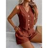 Women 2 Piece Outfit V Neck Sleeveless Button Vest High Waist Pocket Shorts Summer Linen Suit